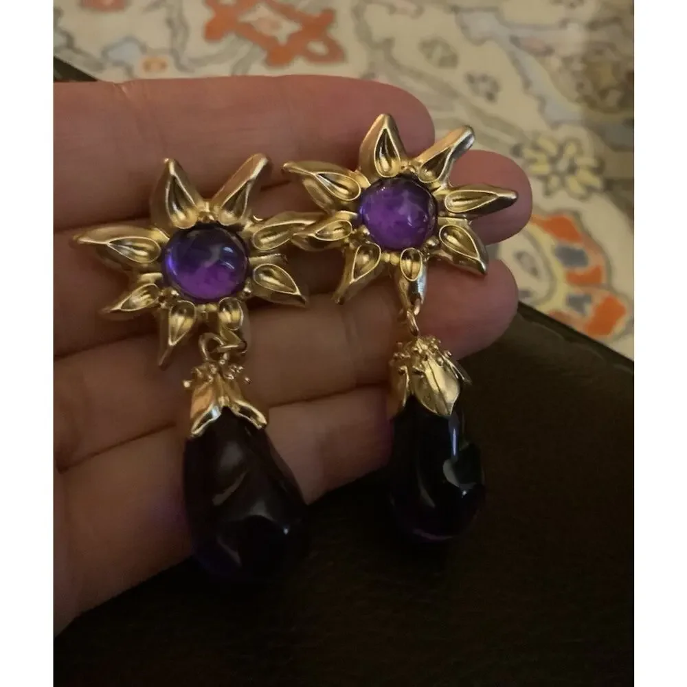 Flower Gold Lucite Earrings Sunflower Star Chunky Statement Boho Clear Cabochon